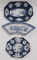 A Bow powder blue canted rectangular dish and an octagonal plate, each reserved with circular and