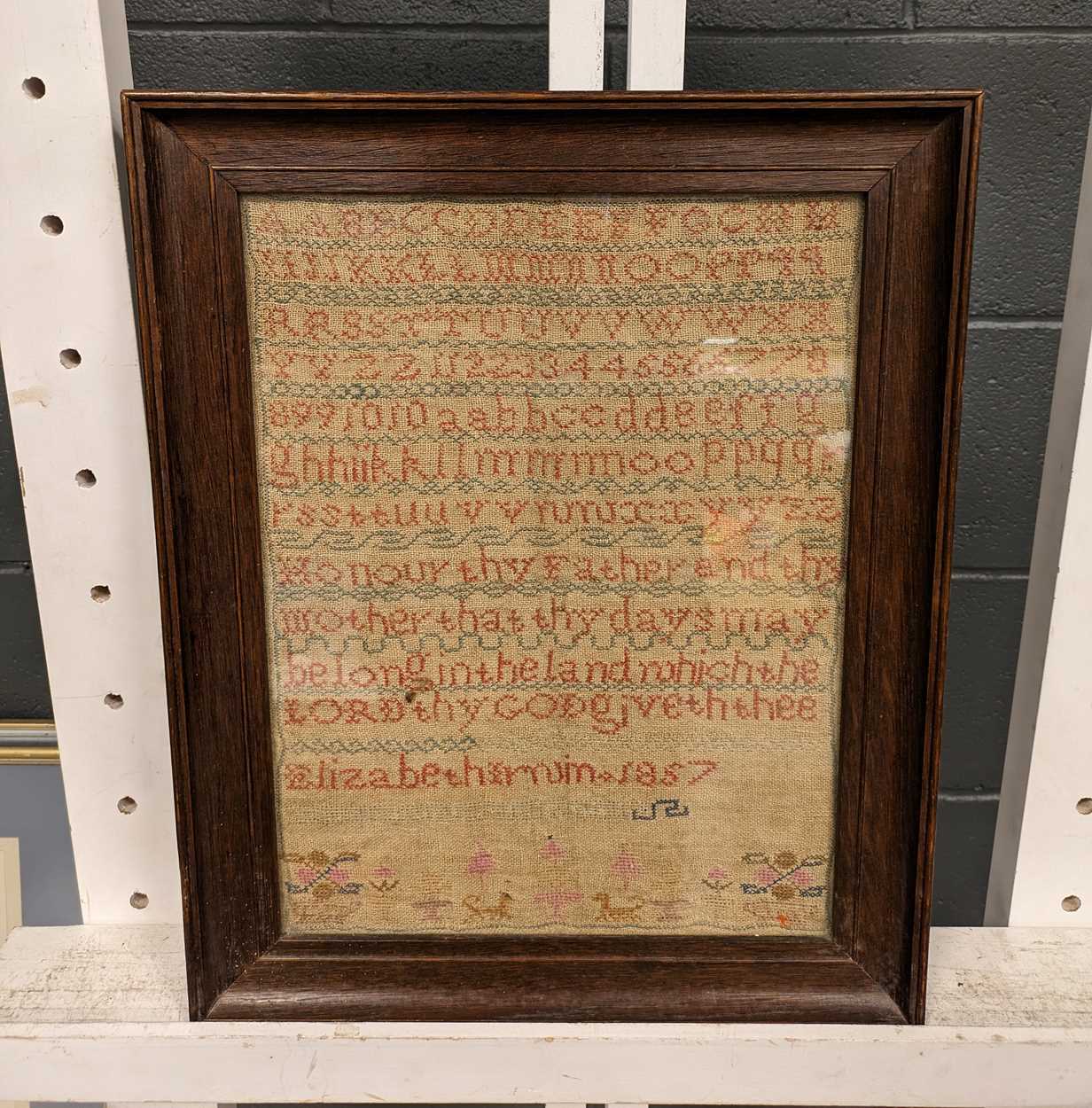 A late Victorian alpha numeric needlework sampler dated '1887' 38.5 x 39cm - Image 2 of 7