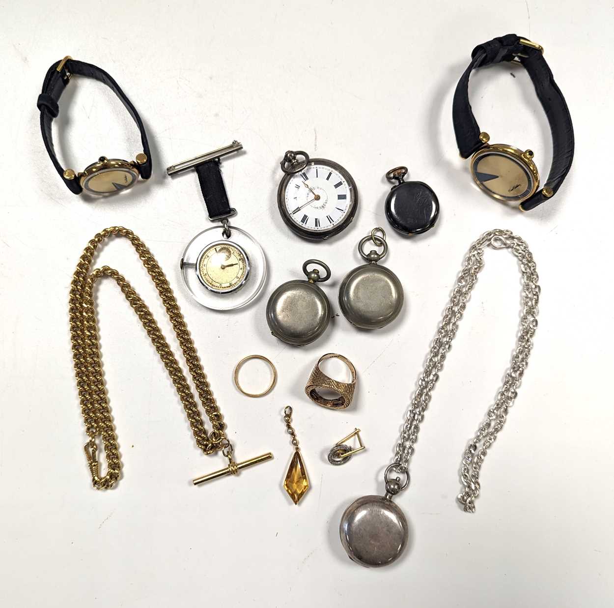 A selection of watches including a vintage Ebel Nurse's lapel watch, together with a citrine pendant