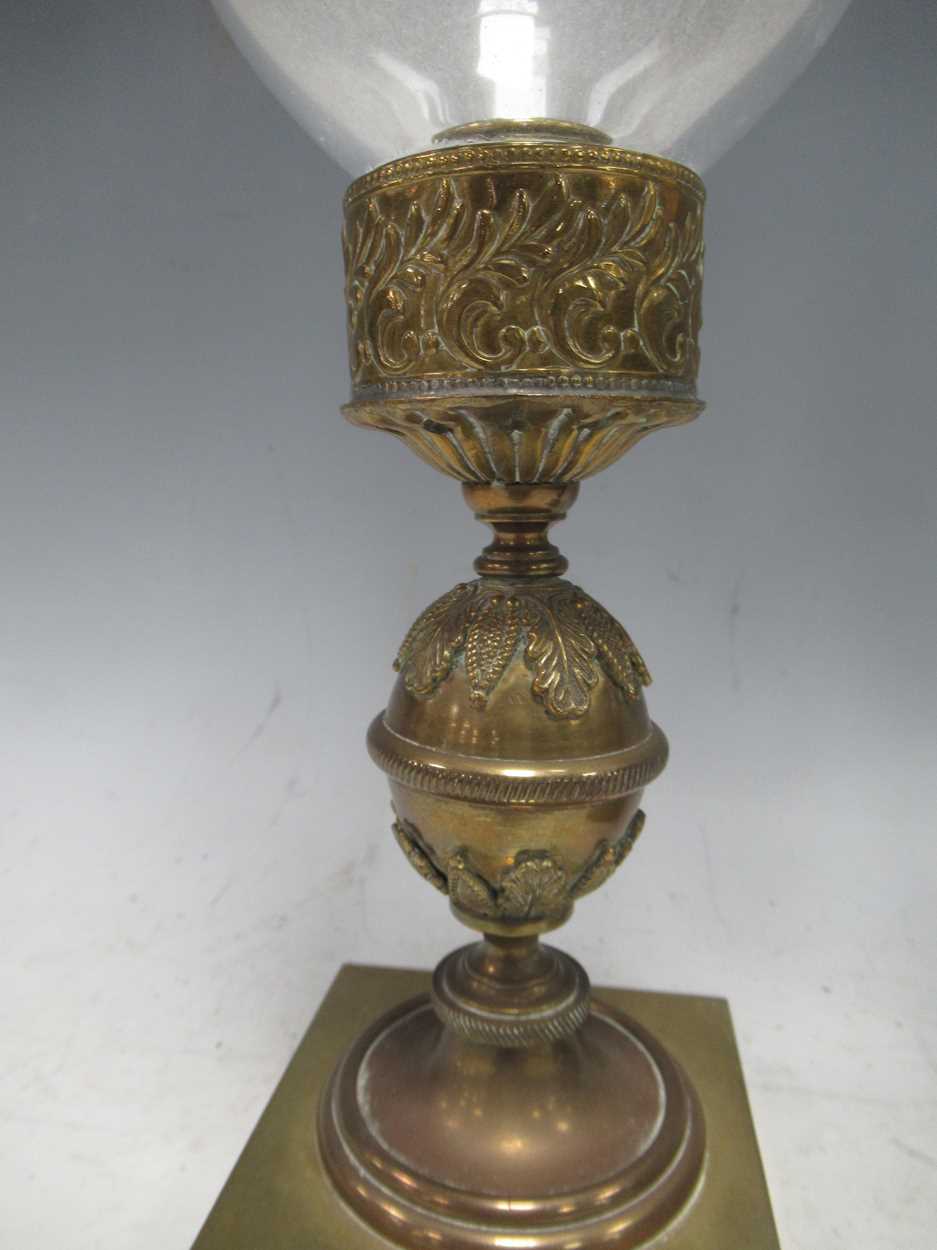 A pair of Regency brass candle holders or hurricane lamps with glass shades the glass shades are - Image 3 of 6