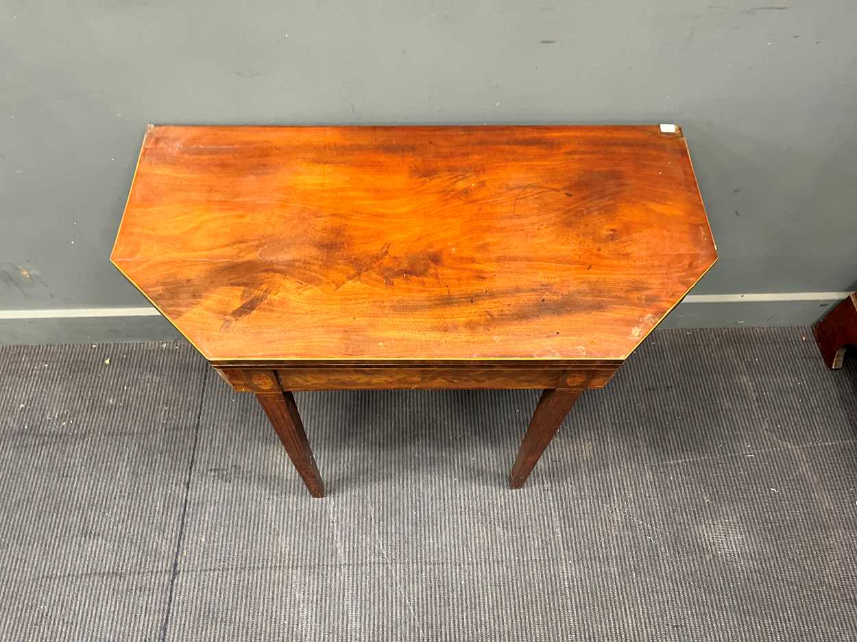 A George III line inlaid mahogany card table with canted rectangular top on tapered legs 73 x 92 x - Image 3 of 6