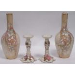 A pair of Royal Bonn vases; together with a pair of Limoges candlesticks (4)