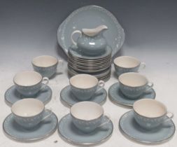 A Royal Doulton Aegean pattern tea service in slate blue with white garlands, silver gilding (qty)