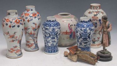 A pair of imari baluster vases and a pair of Chinese blue and white vases; a Chinese ginger jar