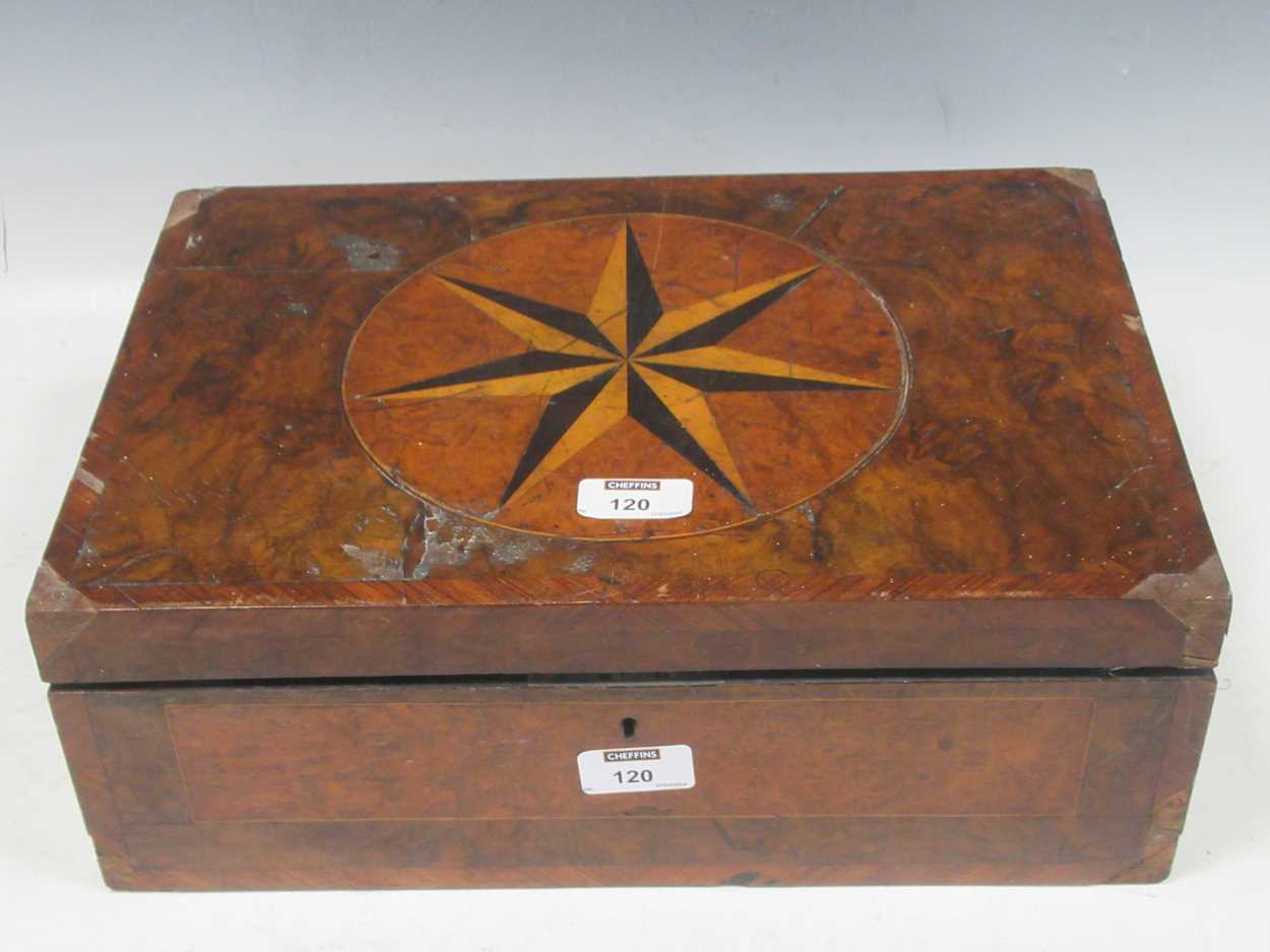 A 19th century writing box, the top inlaid with a star damaged