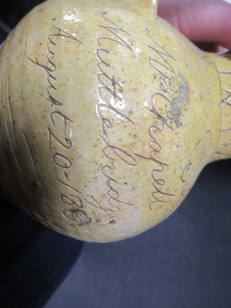 A 19th century saltglazed jug, the body incised Mrs Chapell / Muttlebridge / Augusy 20 - 1833, - Image 5 of 6