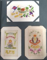 Postcard album with about 270 postcards, c. 1900 - 1920s, including 45 First World War embroidered