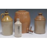 A collection of four stoneware beer jars, one printed 'The Fish & Ring', one water jar fitted with a