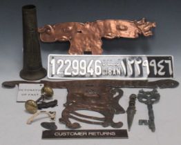 Metal items to include an elaborate beaten copper Arts and Crafts door plate with dragon motif (