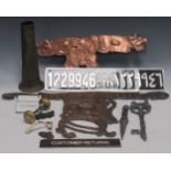 Metal items to include an elaborate beaten copper Arts and Crafts door plate with dragon motif (