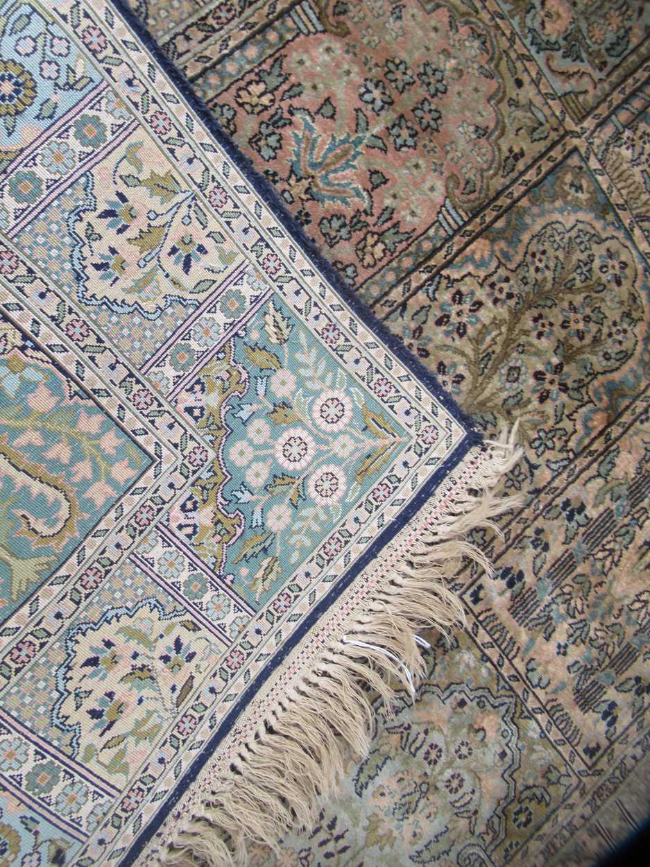 A silk Turkish Hereke rug with a blue and green ground colour 135 x 77 cm The rug is heavy - Image 2 of 8