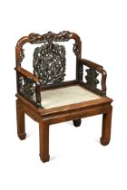 A Chinese hardwood armchair with marble seat, circa 1900,