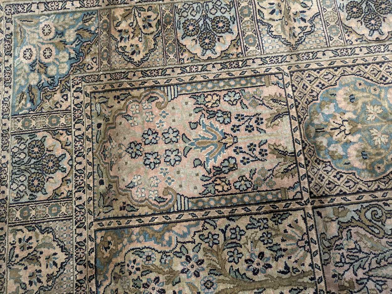 A silk Turkish Hereke rug with a blue and green ground colour 135 x 77 cm The rug is heavy - Image 7 of 8