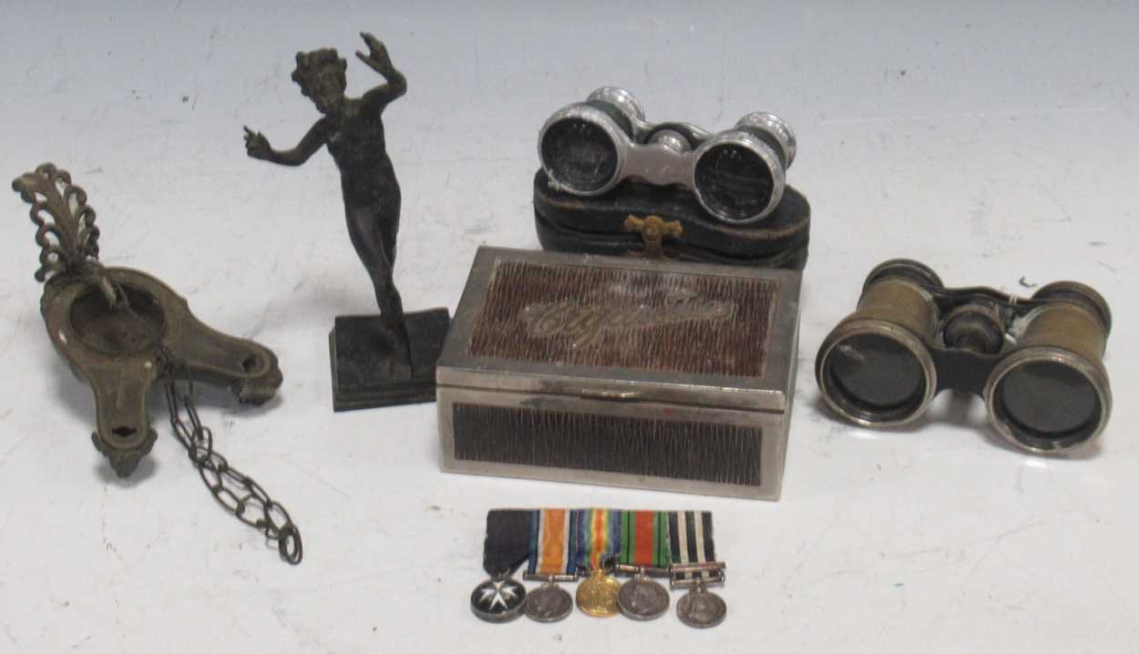 A Grand Tour bronze faun 16cm high, two pairs of binoculars, a Roman style oil lamp, medals and a