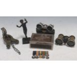 A Grand Tour bronze faun 16cm high, two pairs of binoculars, a Roman style oil lamp, medals and a