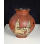 An earthenware vase of bulbous form, possibly 19th century Grand Tour, having a black ground over-