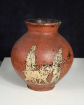 An earthenware vase of bulbous form, possibly 19th century Grand Tour, having a black ground over-