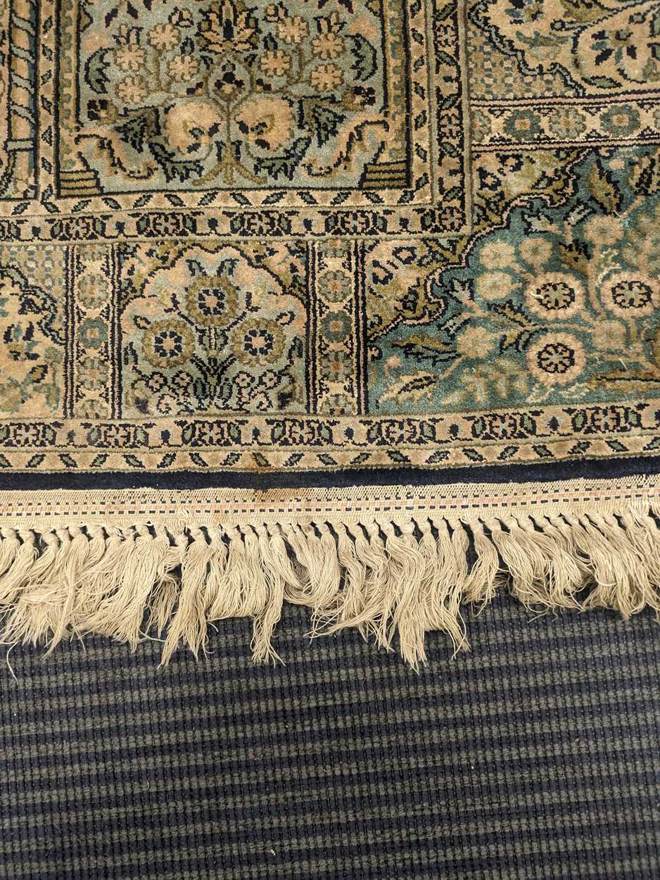 A silk Turkish Hereke rug with a blue and green ground colour 135 x 77 cm The rug is heavy - Image 6 of 8