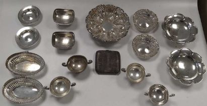 A collection of silverware including 2 small armada dishes, a set of 4 trophy shaped salts, a pair