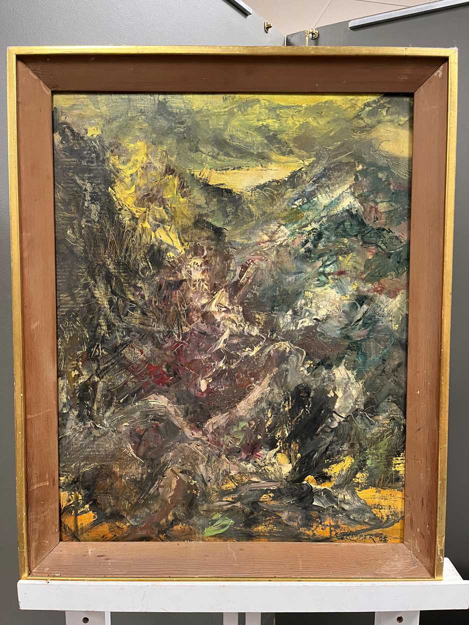 Kate Primmer (1914-1995) Mountainous landscape oil on board, signed lower right 'K. PRIMMER 65' 69.5 - Image 2 of 5