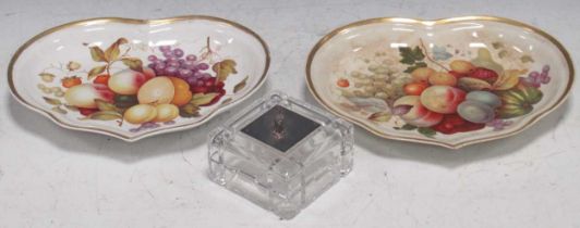 A Bloor Derby fruit painted dish, another similar Derby dish, and a silver pheasant mounted glass