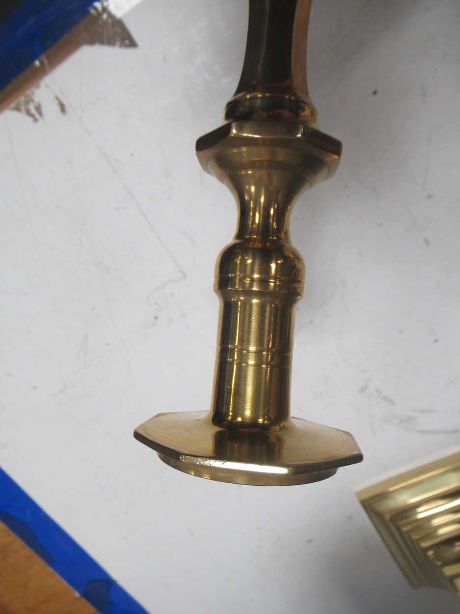 A pair of modern heavy polished brass table lamps, and a pair of brass candlesticks (4) - Image 3 of 3