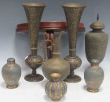 Various Eastern brass metalwares to inlcude pair of Kashmir enamel ovoid lidded vases and another;