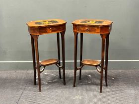 A pair of late 19th century floral inlaid simulated rosewood tables, the hinged lids decorated