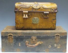 Jones Bros patent faux bois painted steel trunk, together with a brown canvas RAF duffel bag with