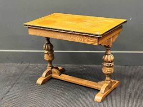 A small 17th century style blonde oak table with cup and cover supports 55 x 70 x 43cm