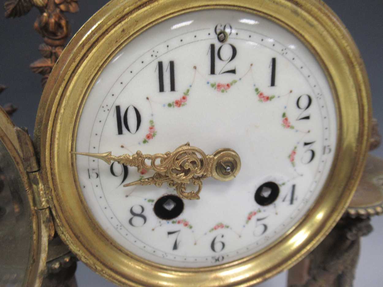 A marble and gilt metal mounted portico clock, the enamelled dial with arabic chapter ring, eight - Image 6 of 6