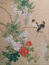 Two late 20th century Chinese gouaches on fabric of birds within trees 35 x 26cm together with a