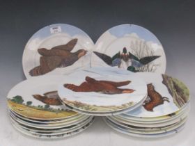 Set of 18 transfer decorated dinner plates decorated with game birds, Blackcock, ptarmigan,