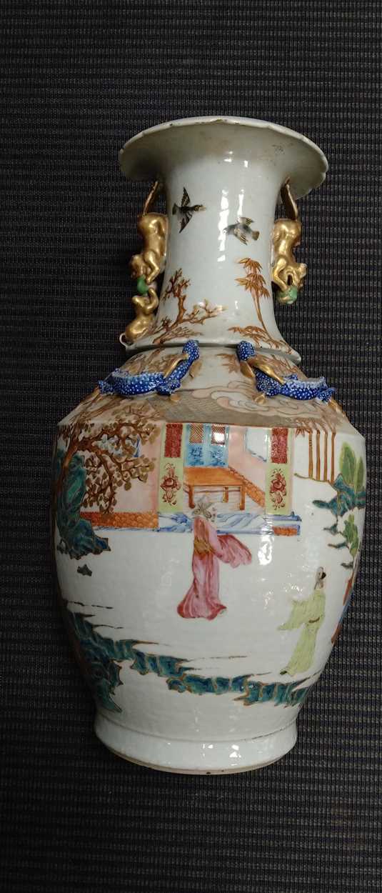 A large Chinese vase, the neck applied with dragons; a pair of Cantonese baluster vases and - Image 22 of 26