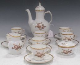 Royal Copenhagen coffee service, floral sprigs in grisaille with blush pink and gilded highlights.