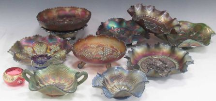 Collection of Victorian lustred glass dishes some with undulating rims, many with naturalistic