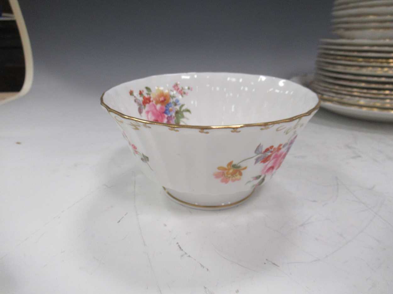 A Royal Crown Derby part tea service with gilt and floral design. Two serving plates, sugar bowl, 12 - Image 2 of 4