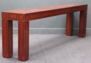 A long fruitwood console table with ebonised detail 76cm H x 244cm W x 46cm D more of a woody colour