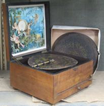 A 19th century Polyphon table top disc musical box, with twelve 20.5cm discs, 26cm wide Belongs to a