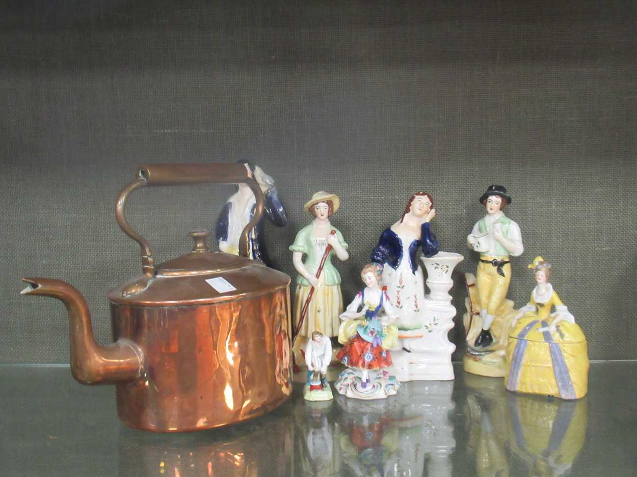 Collection of porcelain and bone china figurines, a painted lidded vase ornament, copper kettle, etc - Image 7 of 7