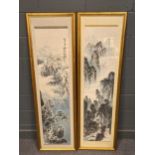 Two Chinese scroll paintings, both depicting landscapes, in gilt frames (2)