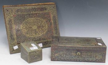 Two 19th century fretwork or boulle brass and tortoiseshell boxes, together with a fretwork or