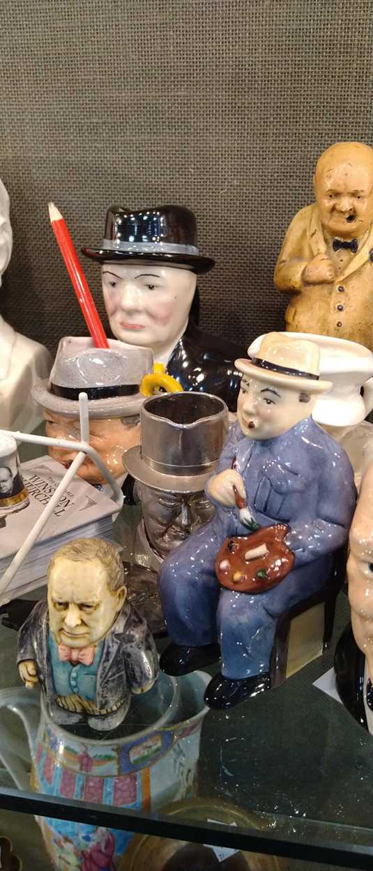 A mixed collection of Winston Churchill commemorative wares including model jugs, composition - Image 11 of 16