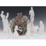 A painted bisque family with horse figure group, a Capo di Monte style tramp figure, eight modern