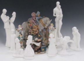 A painted bisque family with horse figure group, a Capo di Monte style tramp figure, eight modern