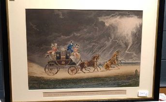 A pair of Newmarket Heath coaching aquatints - 'The Mail Coach in a Storm', 19th century. (2)
