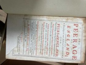 Three boxes of books - Collins (A) Peerage, 6 vols., 1735, 8vo, rebound, vol. 3 title damaged;