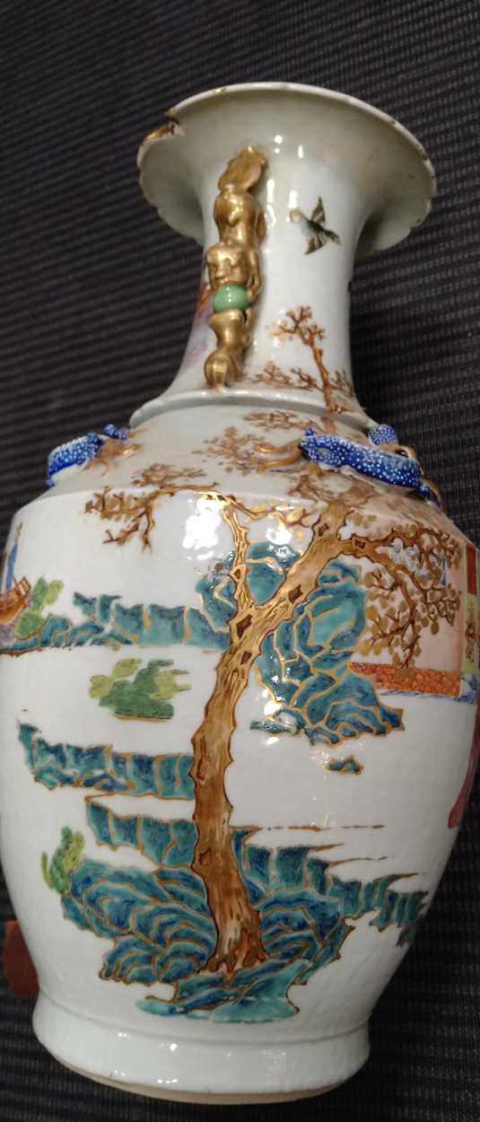 A large Chinese vase, the neck applied with dragons; a pair of Cantonese baluster vases and - Image 26 of 26