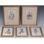 Christine Silver, three miniature signed watercolours with pen and ink of female fashion; and two