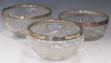 A cut glass bowl from Mappin and Webb, London with Princes Plate rim, together with two further